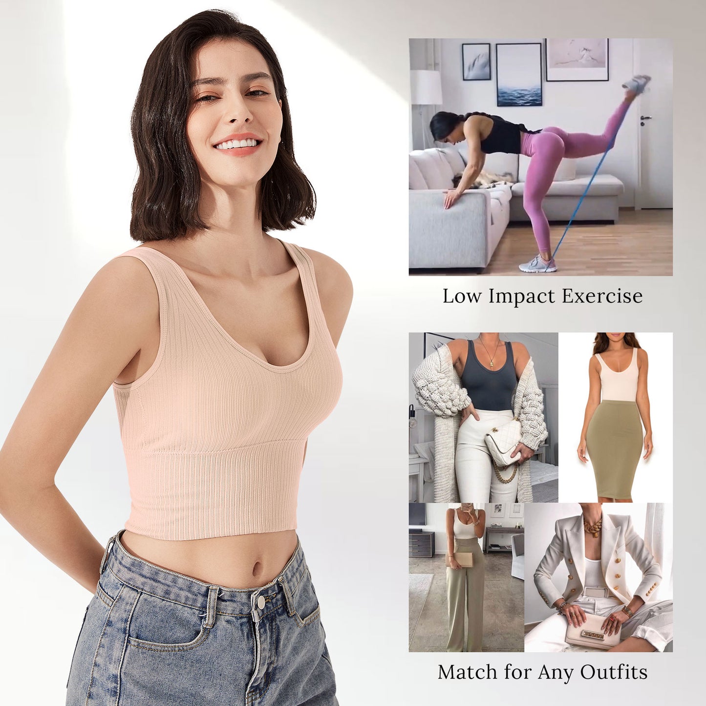 Eleplus 4 Pieces Comfy Cami Bra for Women Crop Top Yoga Bralette Longline Padded Lounge Bra Pack of 4