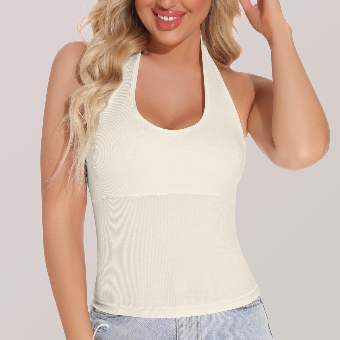 Eleplus 2 Pieces V Neck Halter Crop Tanks Tops for Women Backless Going Out Tops Workout Sport Bra Pack of 2