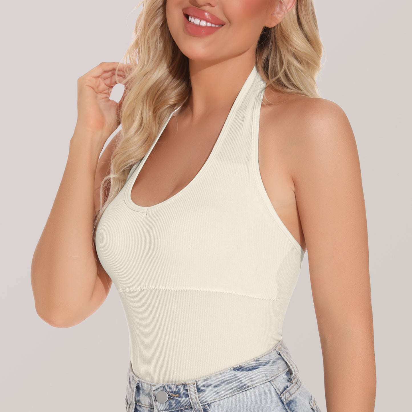 Eleplus 2 Pieces V Neck Halter Crop Tanks Tops for Women Backless Going Out Tops Workout Sport Bra Pack of 2